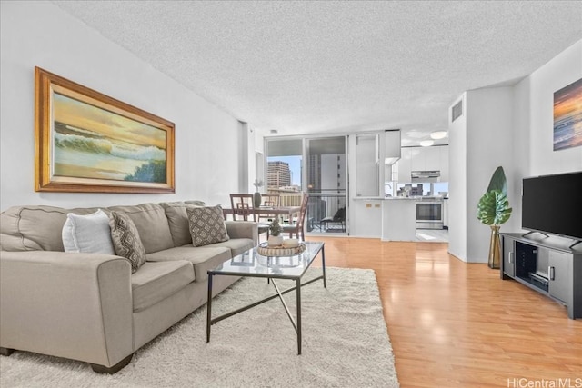 living room with a textured ceiling and light wood-type flooring