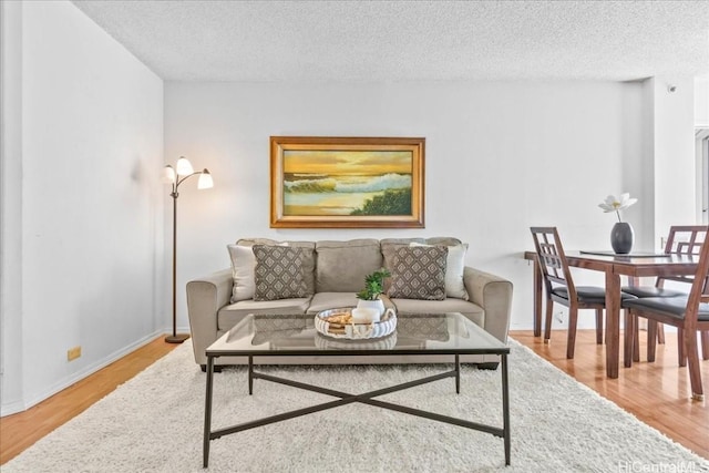 living room featuring hardwood / wood-style flooring and a textured ceiling