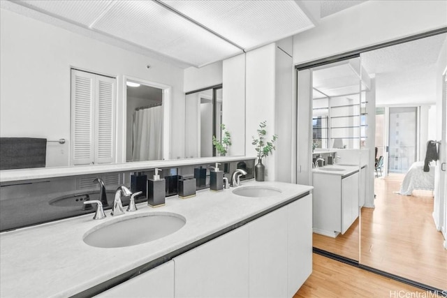 bathroom with vanity, a healthy amount of sunlight, and hardwood / wood-style floors