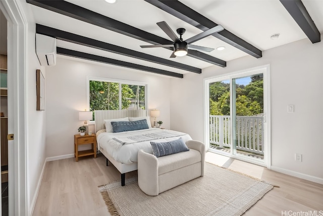 bedroom with multiple windows, an AC wall unit, access to outside, and beam ceiling