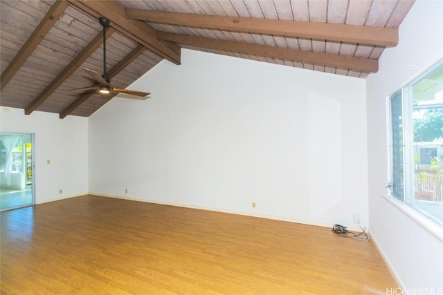 unfurnished room with wood-type flooring, vaulted ceiling with beams, wooden ceiling, and ceiling fan