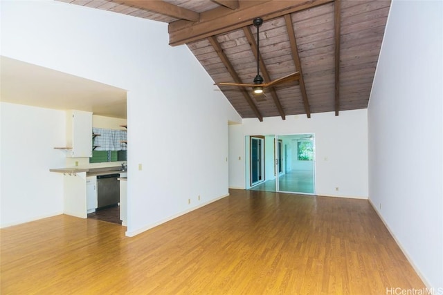 empty room featuring beamed ceiling, ceiling fan, wood ceiling, and light wood-type flooring