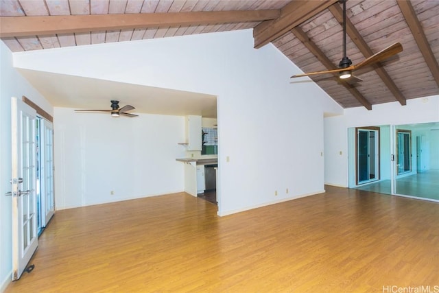 unfurnished living room featuring wood ceiling, light hardwood / wood-style flooring, ceiling fan, beam ceiling, and high vaulted ceiling