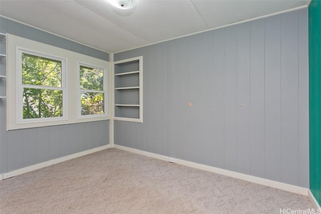 carpeted empty room with built in shelves