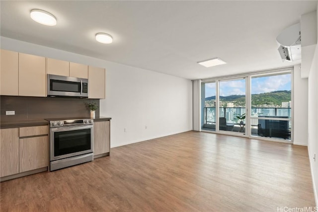 kitchen with expansive windows, stainless steel appliances, decorative backsplash, and light hardwood / wood-style flooring