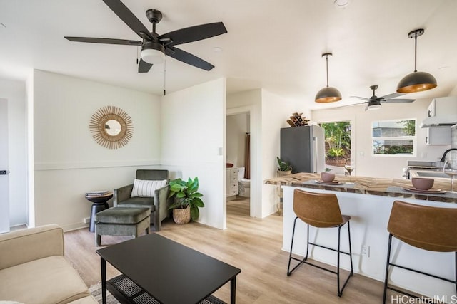 living room featuring ceiling fan and light hardwood / wood-style flooring