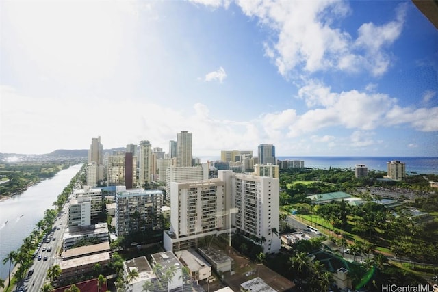 birds eye view of property featuring a water view