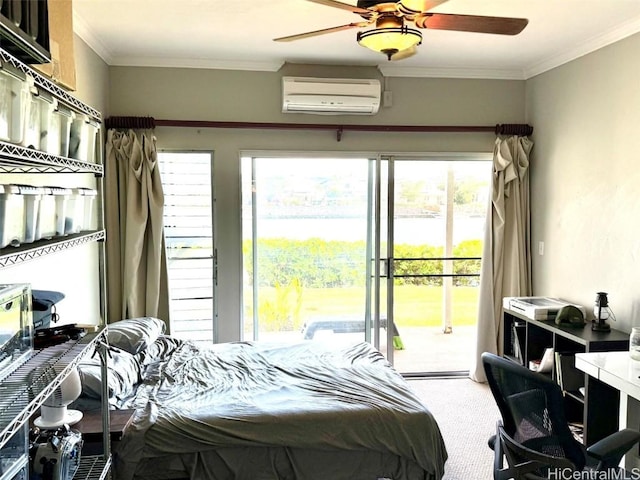 bedroom featuring multiple windows, access to outside, an AC wall unit, and ceiling fan