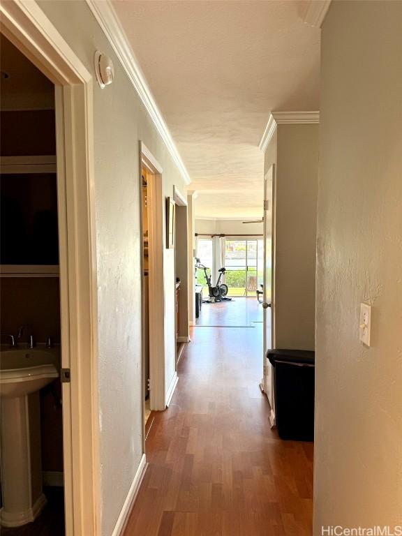 corridor with crown molding, sink, and hardwood / wood-style floors