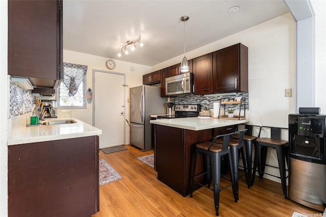kitchen with tasteful backsplash, a sink, light wood-type flooring, dark brown cabinets, and stainless steel appliances