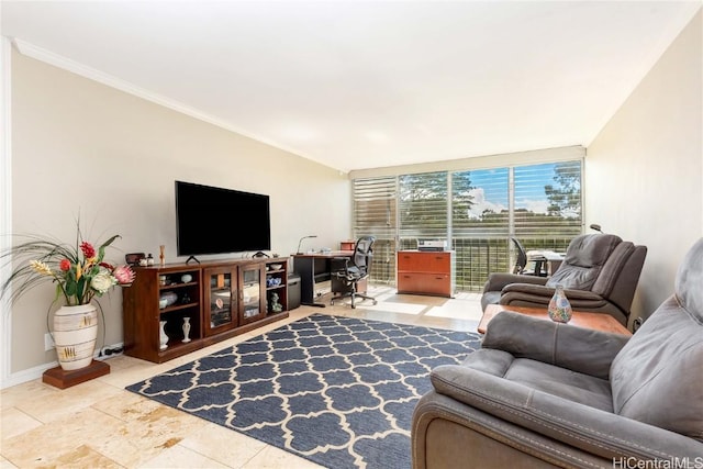 living room with a wall of windows and ornamental molding