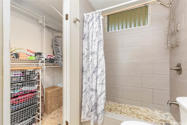 bathroom with toilet and a shower with shower curtain