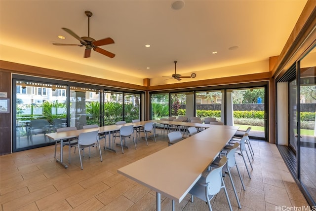 unfurnished dining area with ceiling fan