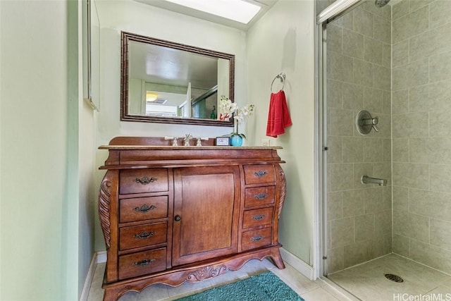 bathroom featuring vanity, an enclosed shower, and tile patterned flooring