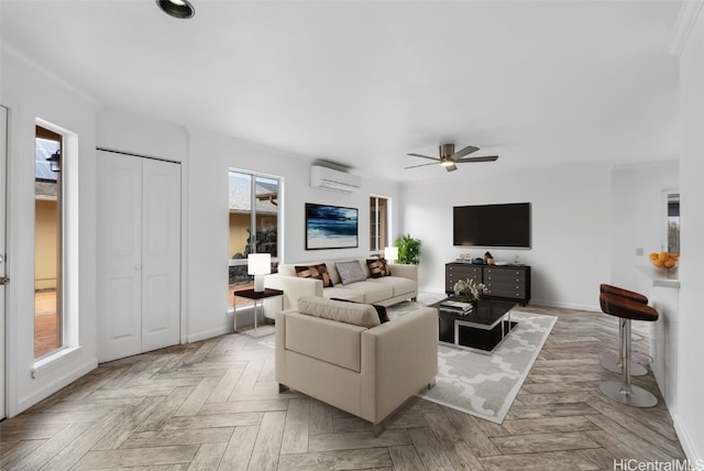 living room featuring ceiling fan, light parquet floors, and a wall mounted AC