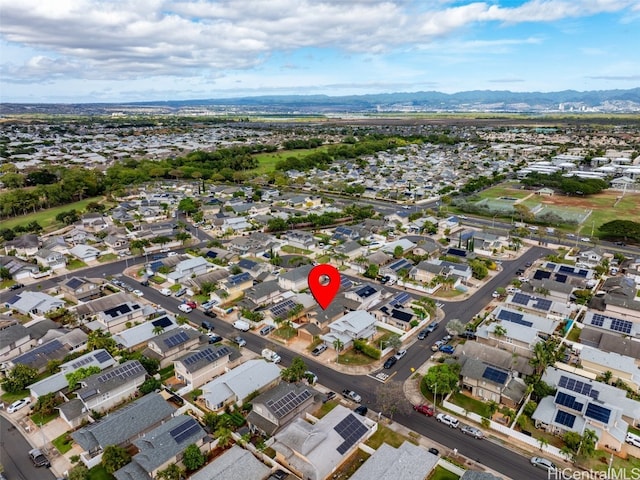 drone / aerial view featuring a mountain view