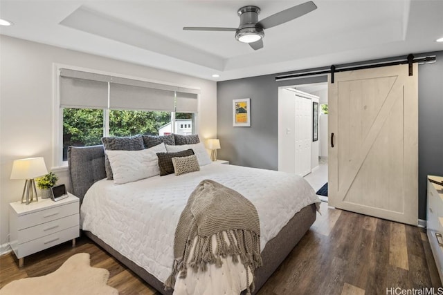 bedroom featuring dark hardwood / wood-style flooring, a tray ceiling, a barn door, and ceiling fan