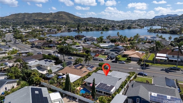 bird's eye view featuring a water and mountain view