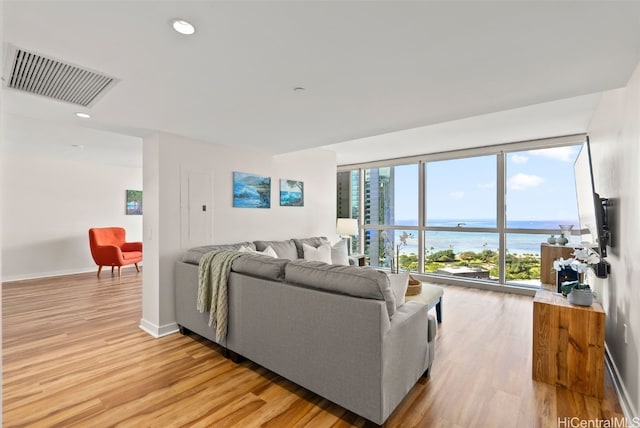 living room with light hardwood / wood-style floors and a water view