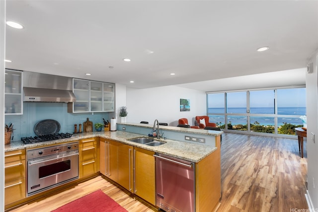 kitchen featuring a sink, light wood-style flooring, stainless steel appliances, wall chimney exhaust hood, and a peninsula