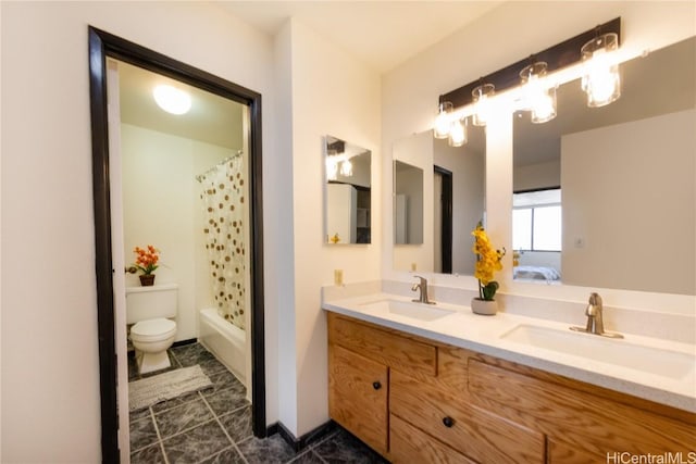 full bathroom with shower / bath combination with curtain, vanity, toilet, and tile patterned flooring