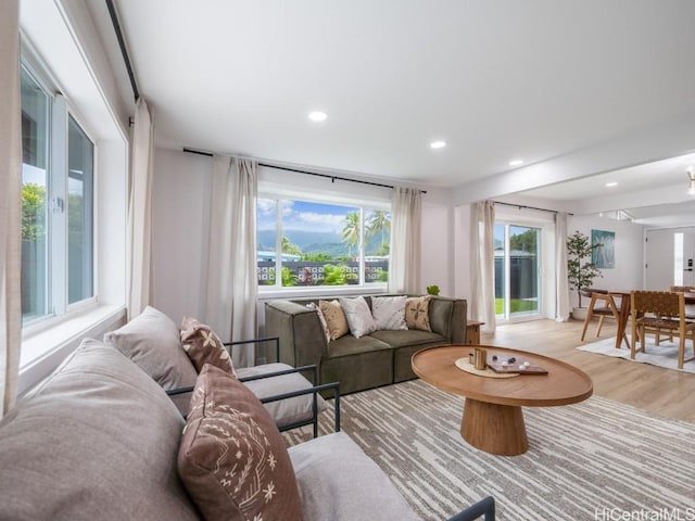 living room with plenty of natural light and light wood-type flooring