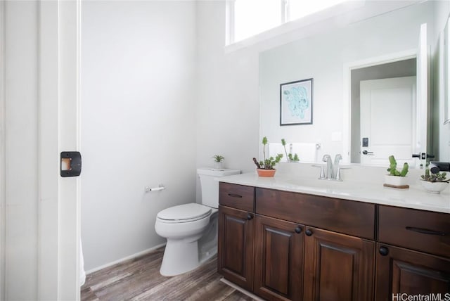 bathroom featuring vanity, wood-type flooring, and toilet