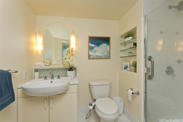 bathroom featuring built in features, vanity, toilet, a shower with door, and tile patterned floors