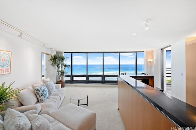 carpeted living room featuring rail lighting, expansive windows, and a water view