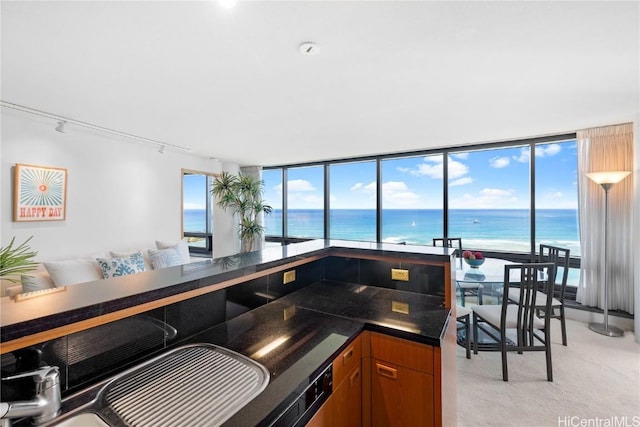 kitchen with a water view, light colored carpet, floor to ceiling windows, and a beach view