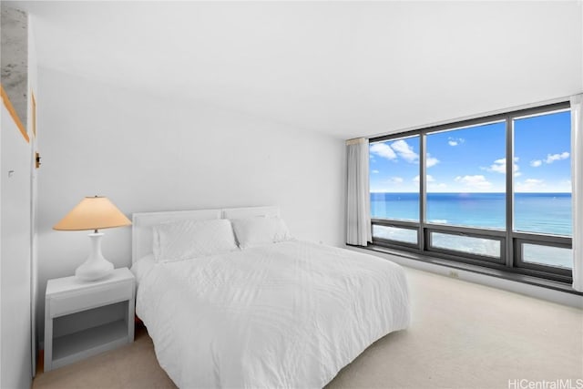 bedroom featuring light carpet, floor to ceiling windows, and a water view