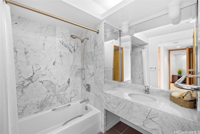 bathroom featuring shower / bath combo, vanity, and tile patterned floors