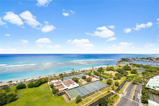 bird's eye view with a water view and a view of the beach