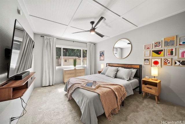 bedroom featuring ceiling fan and light colored carpet