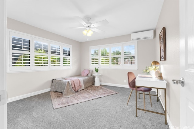 bedroom with ceiling fan, a wall mounted AC, and carpet