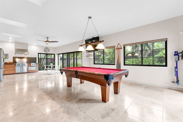 recreation room featuring plenty of natural light, pool table, and ceiling fan