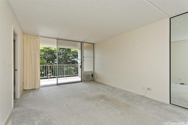 spare room featuring light carpet, a wall of windows, and a textured ceiling