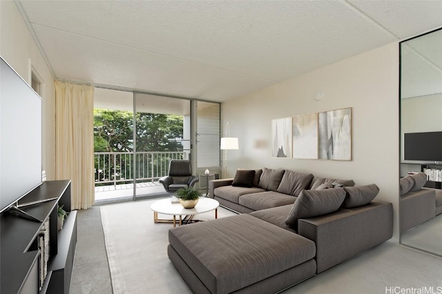 living room with a wall of windows and a textured ceiling