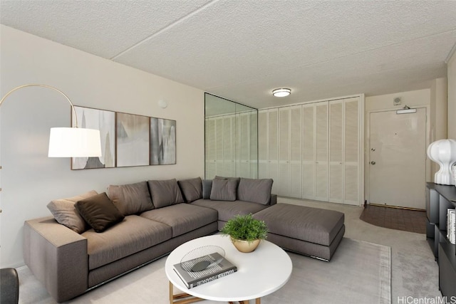 living room with a textured ceiling