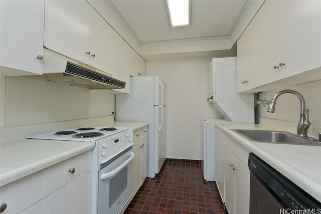 kitchen featuring electric stove, sink, white cabinets, and black dishwasher