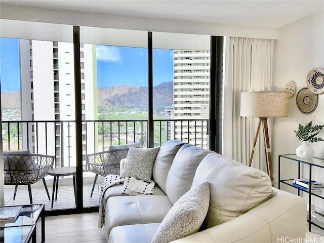 living room featuring a mountain view, a wall of windows, and light hardwood / wood-style floors