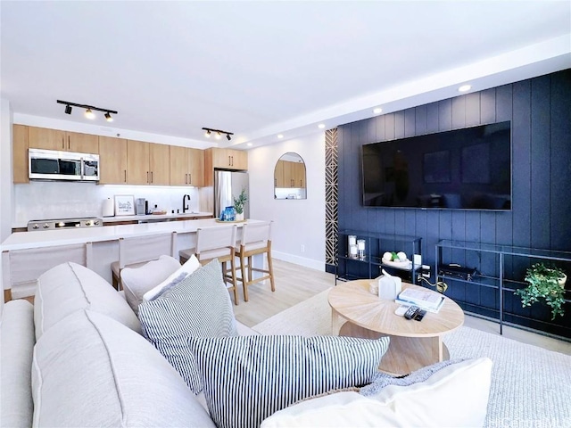 living area featuring light wood-style floors, baseboards, and recessed lighting