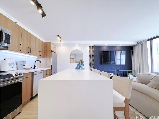 kitchen with open floor plan, light countertops, appliances with stainless steel finishes, light brown cabinetry, and modern cabinets