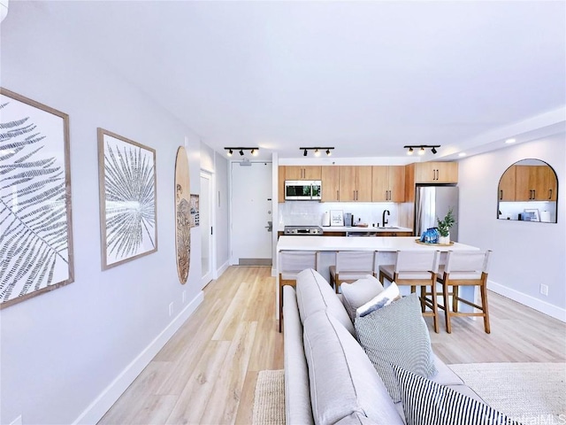 living room with light wood-type flooring and baseboards