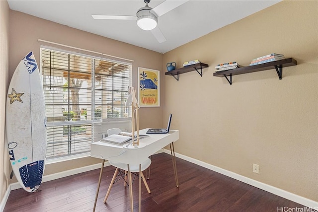 home office featuring dark wood-type flooring and ceiling fan