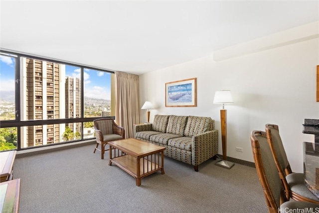 carpeted living room featuring a wall of windows