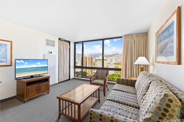 carpeted living room with expansive windows