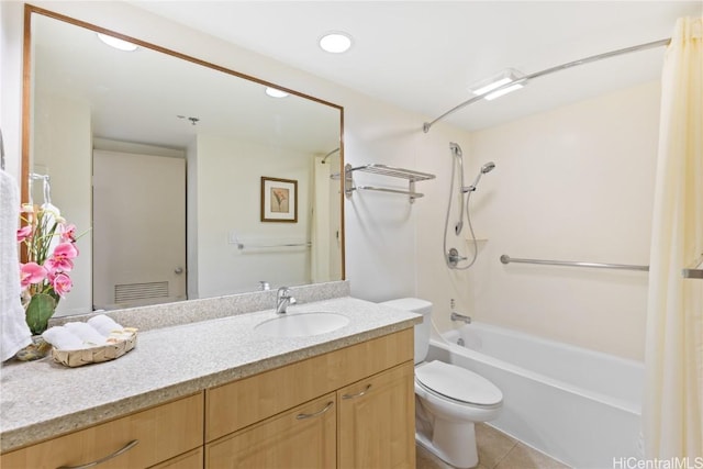 full bathroom with shower / bath combination with curtain, vanity, tile patterned floors, and toilet