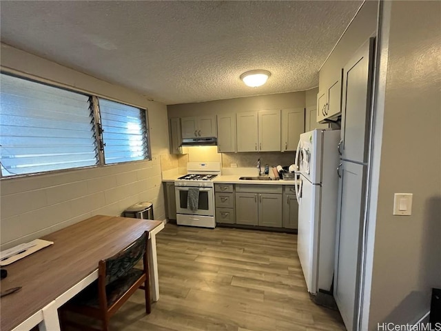 kitchen featuring gray cabinets, sink, light wood-type flooring, white appliances, and a textured ceiling