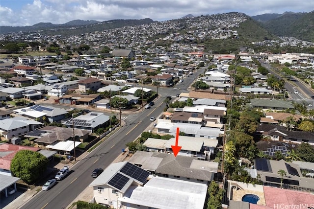 birds eye view of property with a mountain view and a residential view